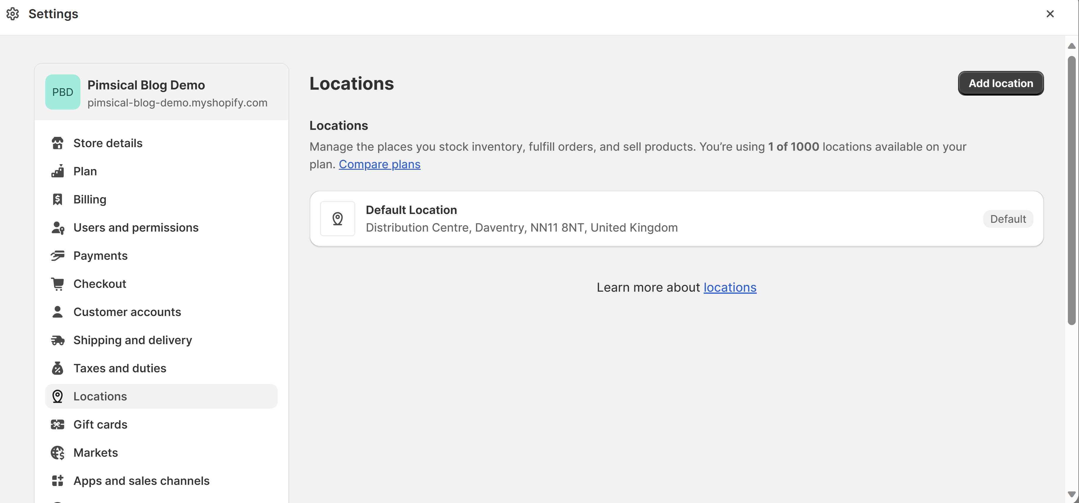 Screenshot of the Shopify location settings page