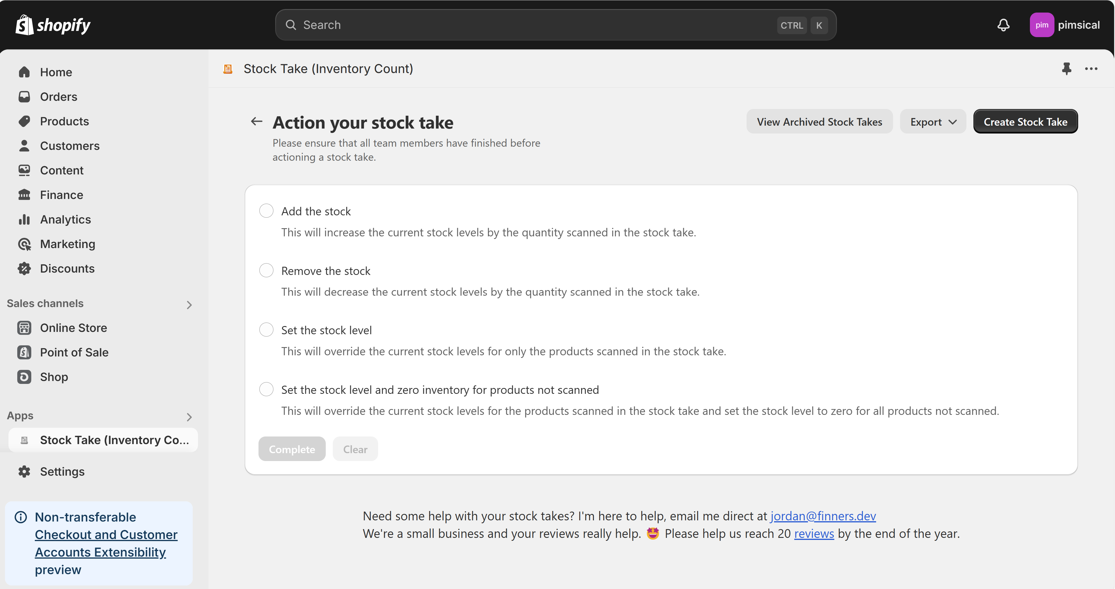 Preview of available actions to end stock takes in Shopify Admin