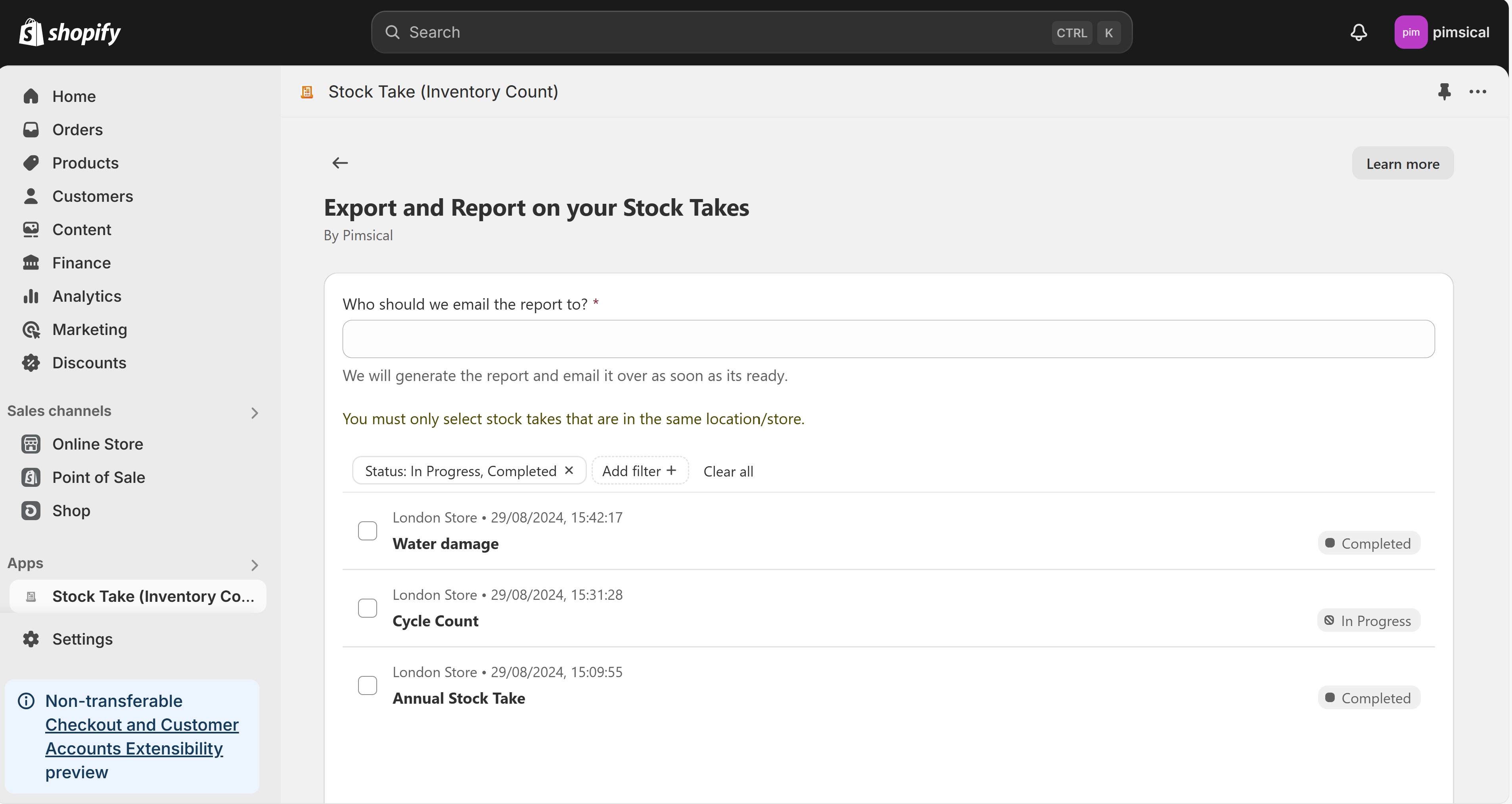 Screenshot of the export form in Shopify Admin for Stock Takes