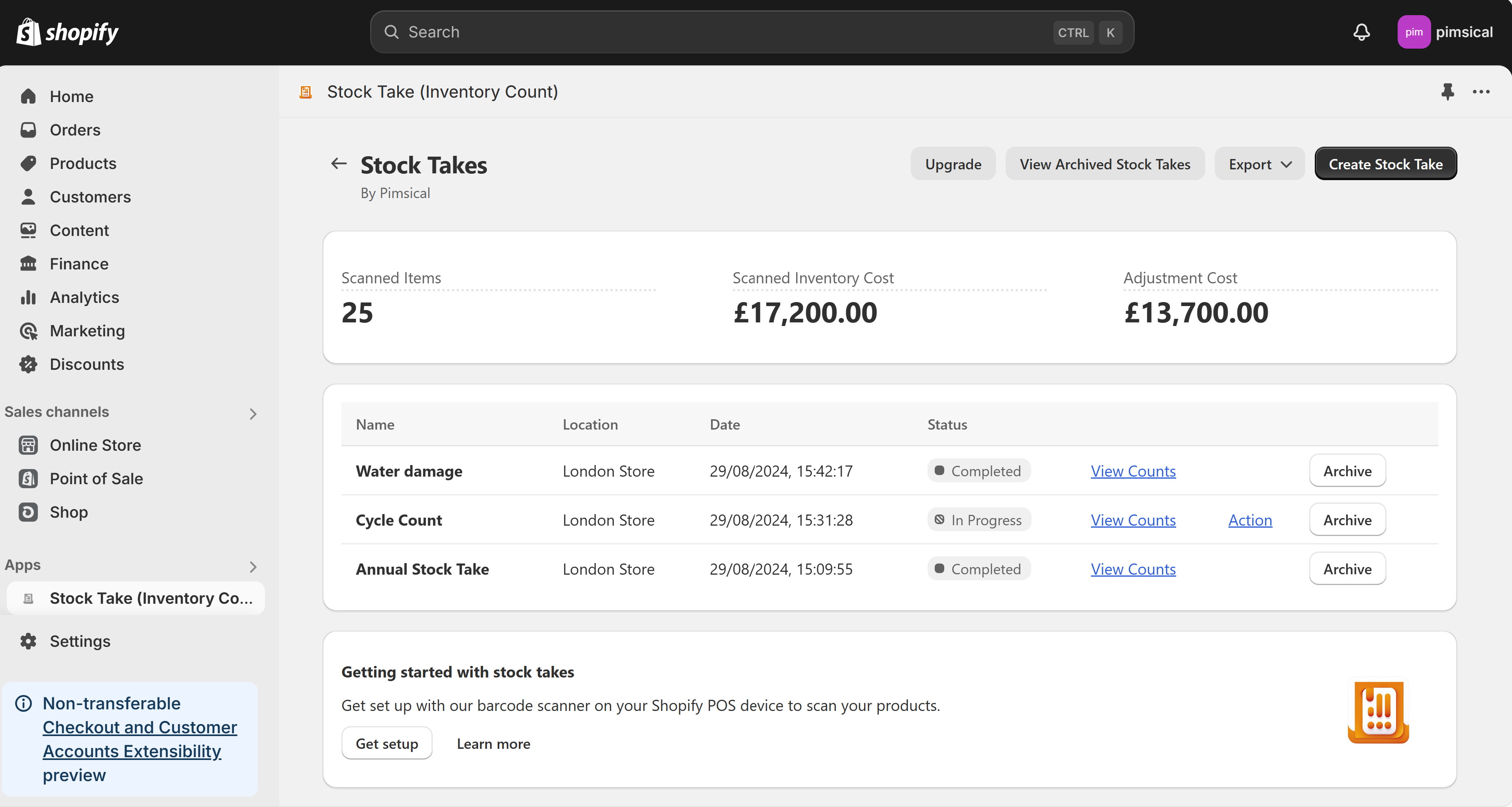 Preview of managing stock takes in Shopify Admin