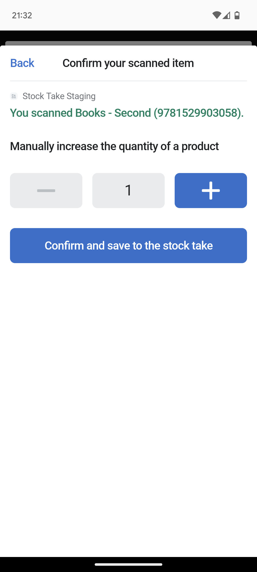 Preview of confirmation of a scanned item with manual quantity adjustment in POS