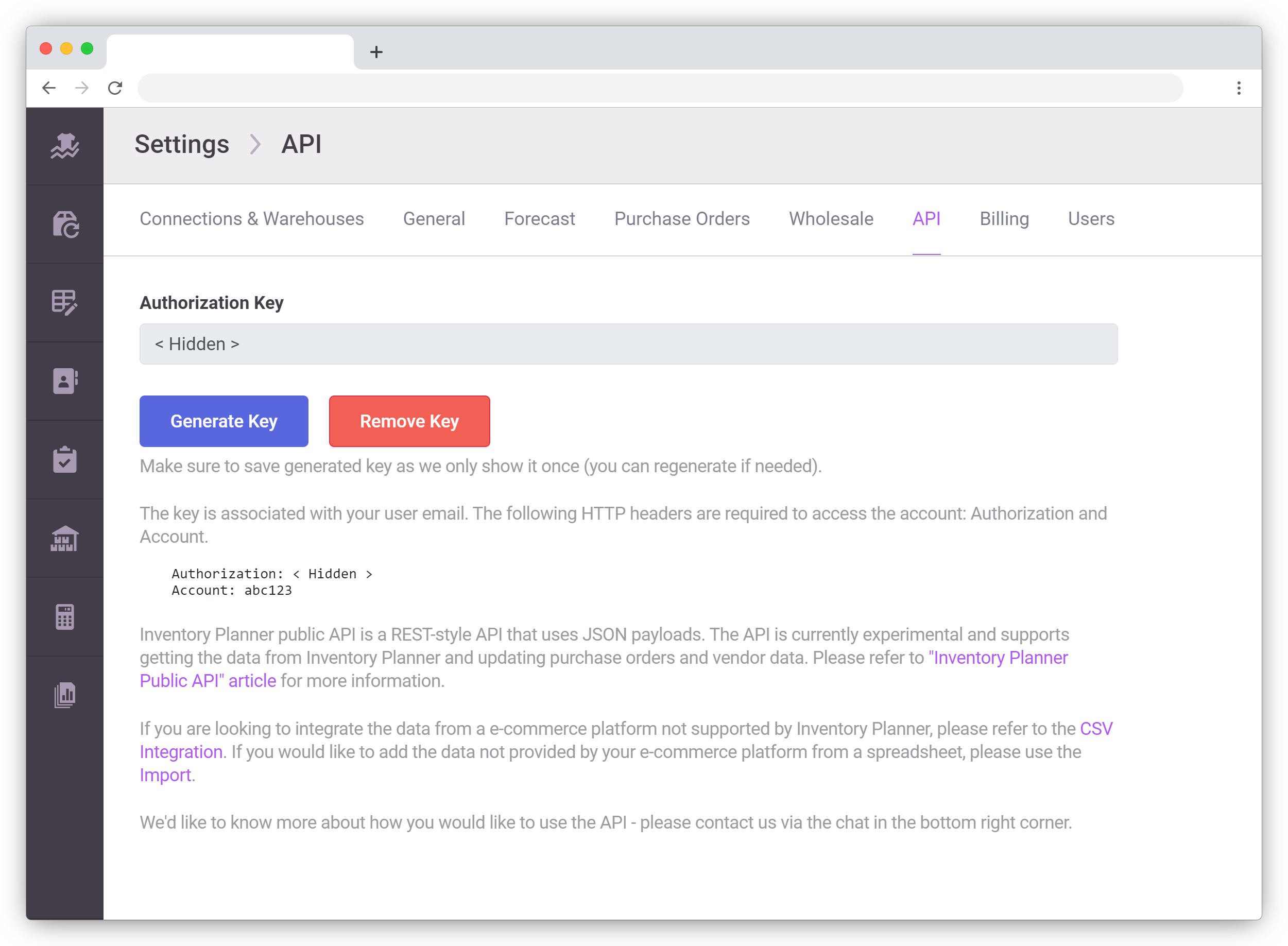Screenshot of Inventory Planner API Settings