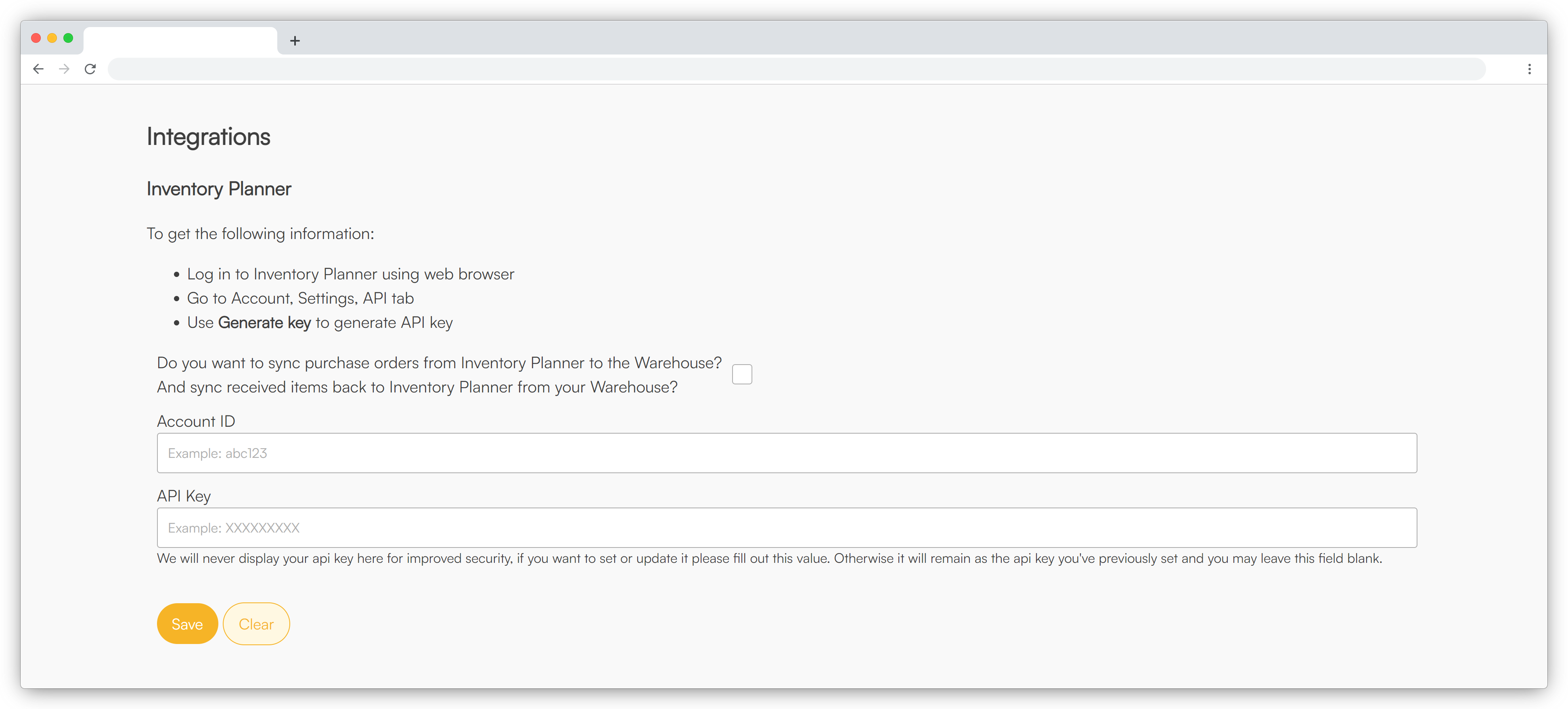 Screenshot of warehouse.pimsical.app Inventory Planner Integration Settings